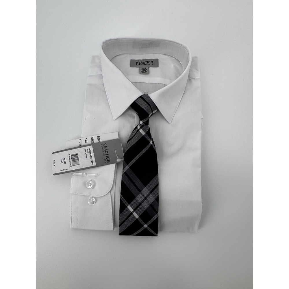 Reaction Kenneth Cole Boys L/S White Dress Shirt and Plaid Tie Set Size 14R